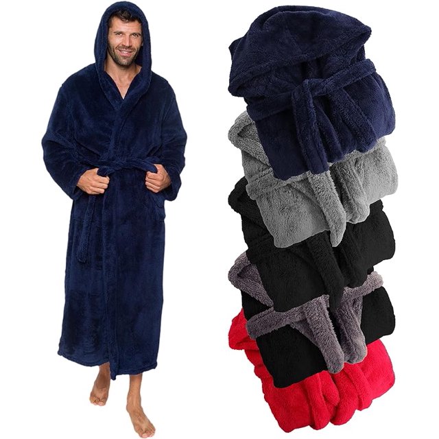 Mens Luxury Robe Hooded Big and Tall - Long Plush Fleece Bath Robe with Hood and Pockets- Gift Men and Teens