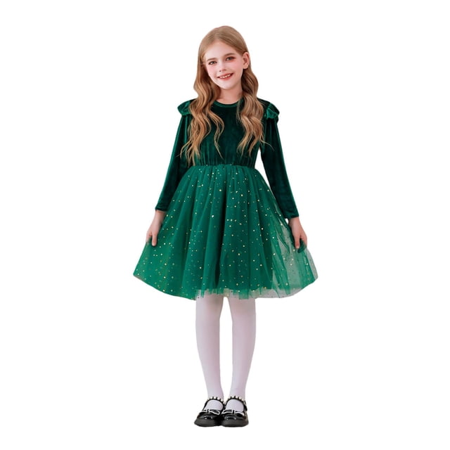 DuoJiaJ Robe à Volants à Manches Longues Robe de Princesse pour Fête et Spectacle Robe pour Enfants Robe Étoilée Taille 11-12 Ans