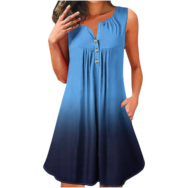 Dvkptbk Robe d'Été Décontractée pour Femme 2024 à Col Rond, Manches Courtes, à Blocs de Couleur, Robe de Plage Boutonnée, Ourlet Évasé, Fluide, Plissée, T-Shirt, Midi, Courte