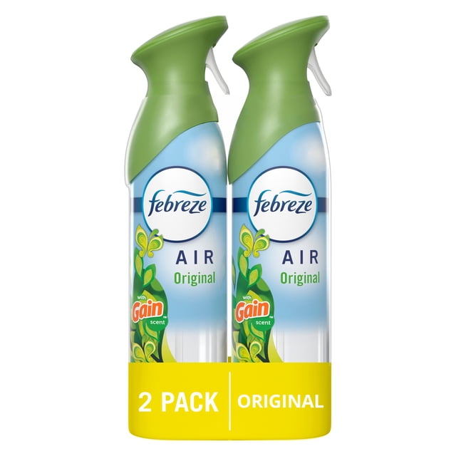 Febreze Vaporisateur Désodorisant, Lot de 2, Parfum Original avec Gain, Deux Bouteilles Vaporisateurs Verticales avec Embouts Verts et Étiquettes Dégradé Bleu avec Graphiques Floraux, Emballées dans un Emballage Jaune Étiqueté « 2 pack Original ».