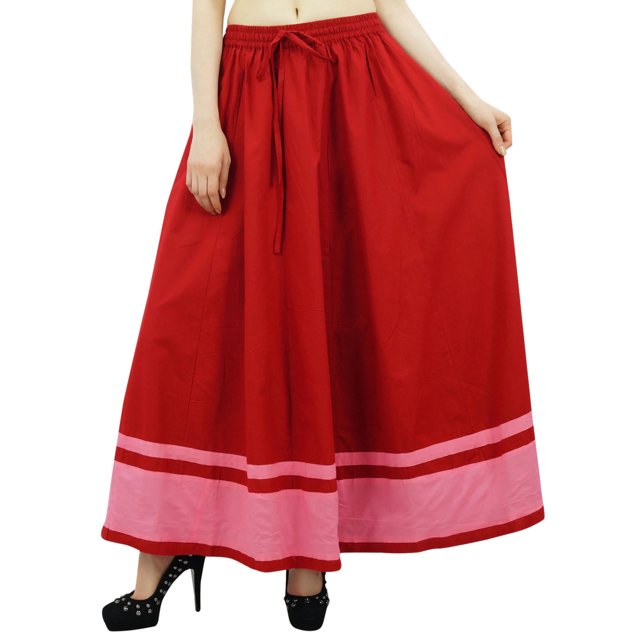 Bimba Women's Long Maxi Skirt With Contrast Border Boho Skirt With Elastic Waist