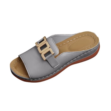 LOVZFMLL Sandales à Enfiler pour Femmes avec Soutien de la Voûte Plantaire Été Décontractées à Boucle Métallique Pantoufles de Plage Bout Ouvert Confort pour la Marche Sandales à Enfiler d'Extérieur Gris 7.5