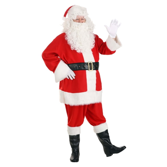 Costume de Fête du Père Noël Grande Taille Conçu pour les Adultes, Comprenant une Tunique en Molleton Rouge avec Garniture en Fausse Fourrure à l'Encolure, à l'Ourlet et aux Poignets, Assorti à des Pantalons en Molleton Assortis avec une Taille Élastique et des Poches Latérales. Comprend une Ceinture en Similicuir avec une Boucle Ton Laiton, un Chapeau en Forme de Cône avec Bordure en Fausse Fourrure et Pompon, Perruque Synthétique, Barbe et Moustache Combinées, des Gants Blancs Longueur Poignet, et des Hauts de Bottes en Similicuir avec Poignets en Fourrure.