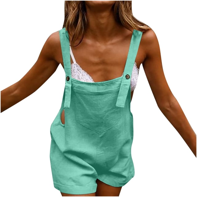 Salopettes d'Été Décontractées pour Femmes à Bretelles Ajustables en Coton et Lin, Combishorts Courts Unis, Combinaisons/rompers avec Poches