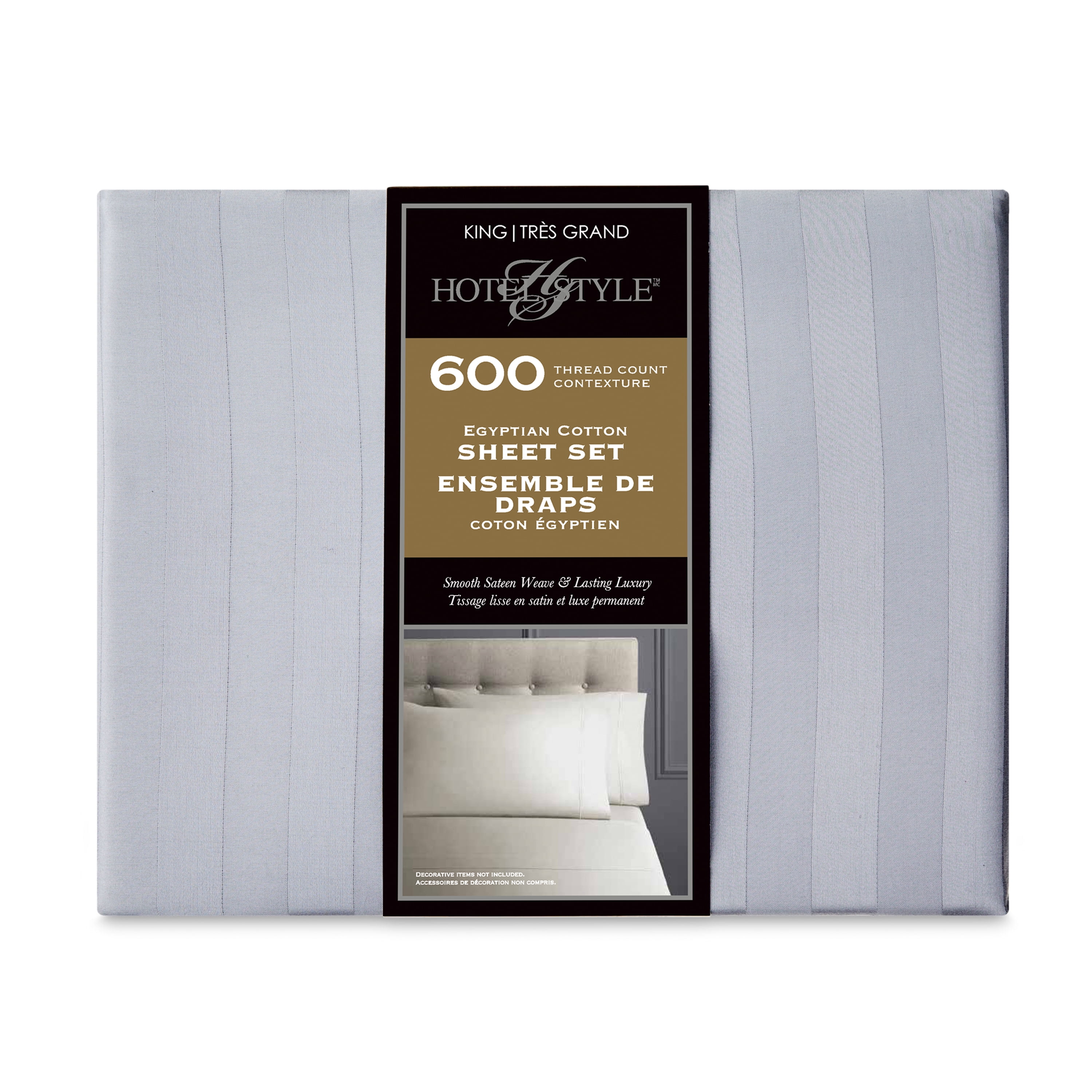 Hotel Style 4-Piece 600 Thread Count Grey Stripe Egyptian Cotton Adult Bed Sheet Set, Queen-Deep Pocket