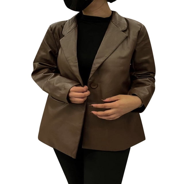 Women Solid Long Vegan Leather Jacket Cool Buttons Faux Leather PU Blazer Coat