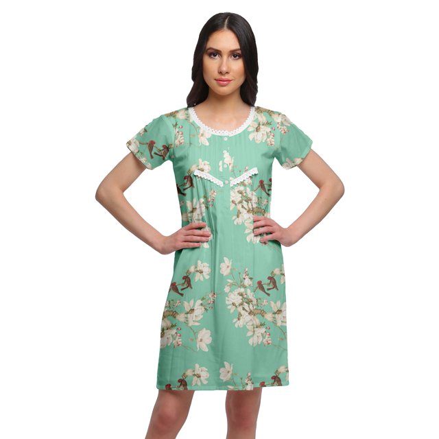 Moomaya Chemise de Nuit à Manches Courtes Imprimée pour Femmes, Col Rond, en Coton, Vêtement de Nuit