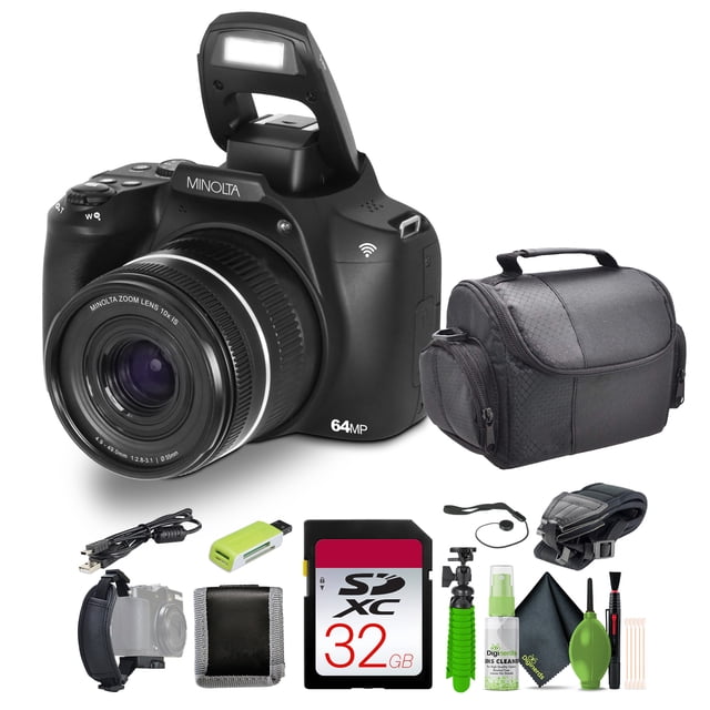 Minolta 64 Mega Pixels Auto Focus Digital Camera with 10x Optical Zoom, 4K Ultra HD Video, and Macro Shooting in black. The bundle includes a 32GB memory card, a 12-inch flexible vlogging tripod, a travel bag, a cleaning kit, a hand strap, a lens cap keeper, a memory card wallet, and a USB card reader. The camera features a 64 MP sensor, 10x optical zoom, and an ergonomic design, ideal for capturing detailed photos and videos.