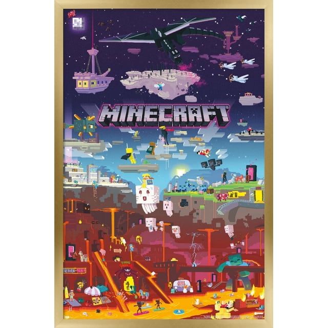 Minecraft - Affiche Murale « World Beyond », 22,375 Po x 34 Po, Représentant des Personnages et des Créatures Minecraft Pixélisés sur des Îles Flottantes et des Grottes de Lave, Incluant un Grand dragon Noir et des Oiseaux Blancs Volants, Imprimée sur Papier Lustré aux Couleurs Vibrantes, Convient à la Décoration Murale de Chambre Ou de Bureau.