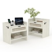 BeesClover Set of 2 Boho Rattan Bedside Tables with Type-C Charging Station, Nightstands with 1 Drawer & Open Shelf Storage, Large End Tables with Built-in Charging Ports for Bedroom or Office
