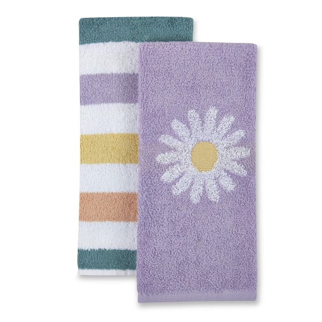 Lot de 2 Celebrate! Serviettes à Main de Pâques avec une Serviette Lavande Mettant en Vedette une Marguerite Blanche et Jaune et une Serviette à Rayures Horizontales en Vert, Blanc, Lavande, Jaune et Pêche. Faites de Coton Doux et Absorbant 100 %, Format 15 x 25 Pouces, Idéales pour les Accessoires de Salle de Bain et la Décoration Saisonnière. Ces Serviettes Conviennent Aussi pour Ajouter une Touche festive à la Déco de Cuisine Ou de Chambre d'Amis.