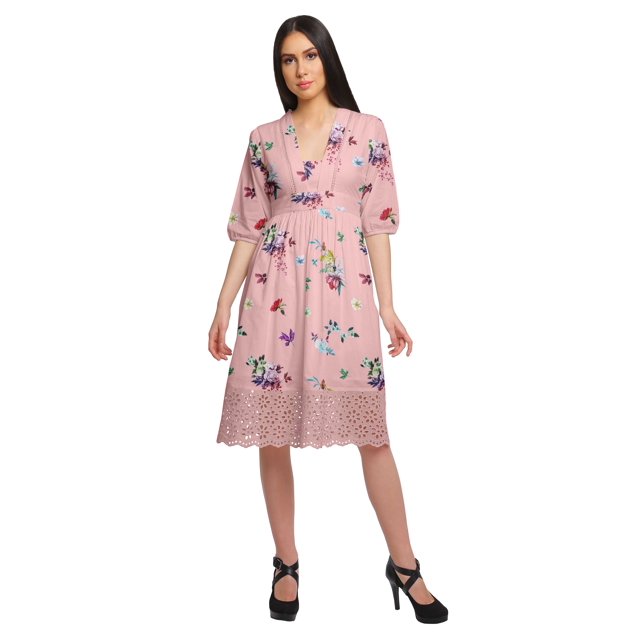 Moomaya Robe à Manches Courtes pour Femmes Robe de Soirée en Coton Imprimé Tenue Décontractée