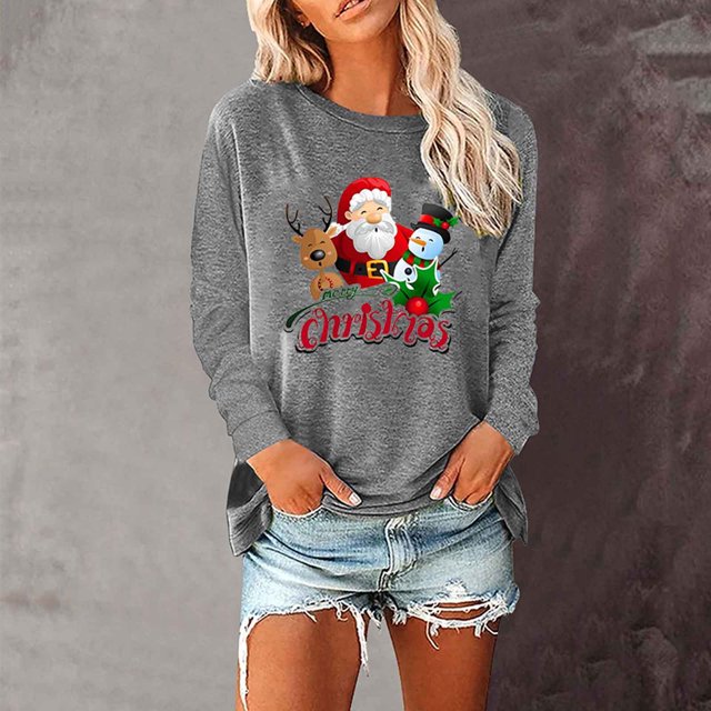 Qertyioot Chandail à Imprimé de Noël d'Hiver pour Femmes, Manches Longues, Col Rond Décontracté, Haut Mode à Enfiler