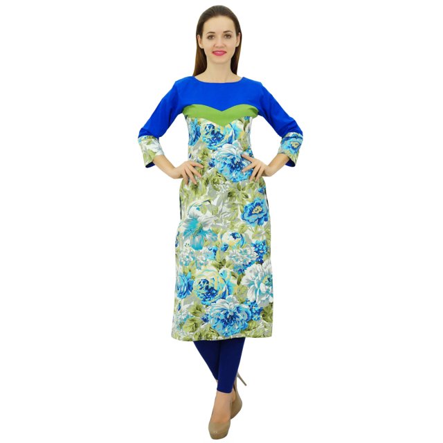 Phagun Kurti Bleu en Coton pour Femme, Robe Kurta Florale, Tunique Bleue à Manches 3/4-10