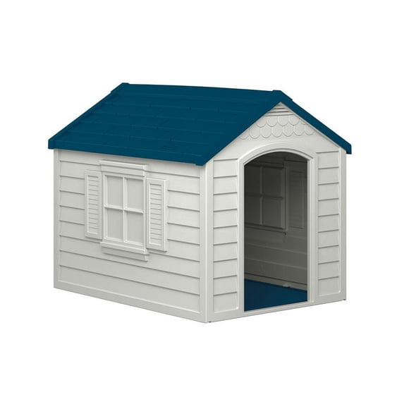 Suncast Deluxe Outdoor Dog House – Resin Construction – Passive Ventilation with Blue Roof, For Dogs Up to 70 lbs