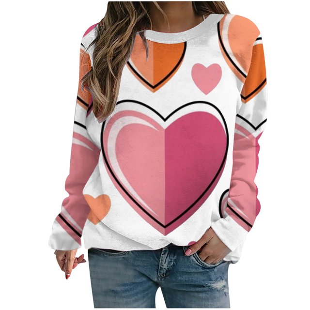 VALMASS Chandails en Molleton de la Saint-Valentin pour Femmes Manches Longues Col Rond Décontracté Mode Ample Blouses (TG, Blanc-D)