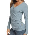 thumbnail image 4 of Women Wrap Front Side Buttons Long Sleeve V Neck Plain Shirt, 4 of 6