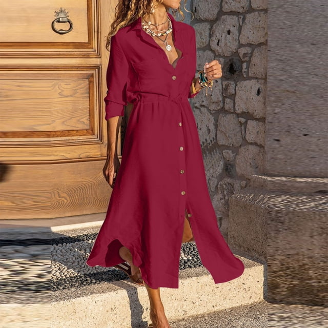 Gspmoly Robes pour Femmes, Robe Chemise à Revers Boutonnée Unie avec Cordon, Robe en Coton et Lin, Robes de Cocktail, Offres du Jour