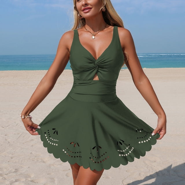 Ounisa One Piece Swimsuits for Women Slimming Tummy Control Swim Dress V Neck Keyhole Skirted Bathing Suits
