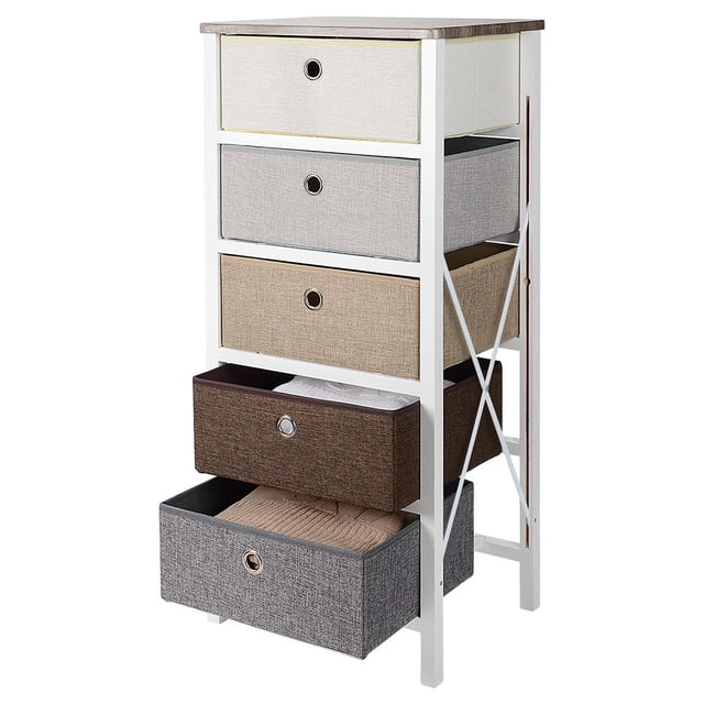 5 Tier Side Table Storage End Table, Tall Dresser Nightstand Organizer with Wood Top and Fabric Drawers. The SortWise MDF drawer dresser features a white pine frame with five fabric drawers in neutral tones, including beige, grey, and brown. The wood top provides additional storage space for items like books or vases. Lightweight and versatile, this unit is ideal for organizing clothing, blankets, or office supplies in bedrooms or living spaces. Dimensions: 16 inches long, 12.6 inches wide, and 37 inches high.