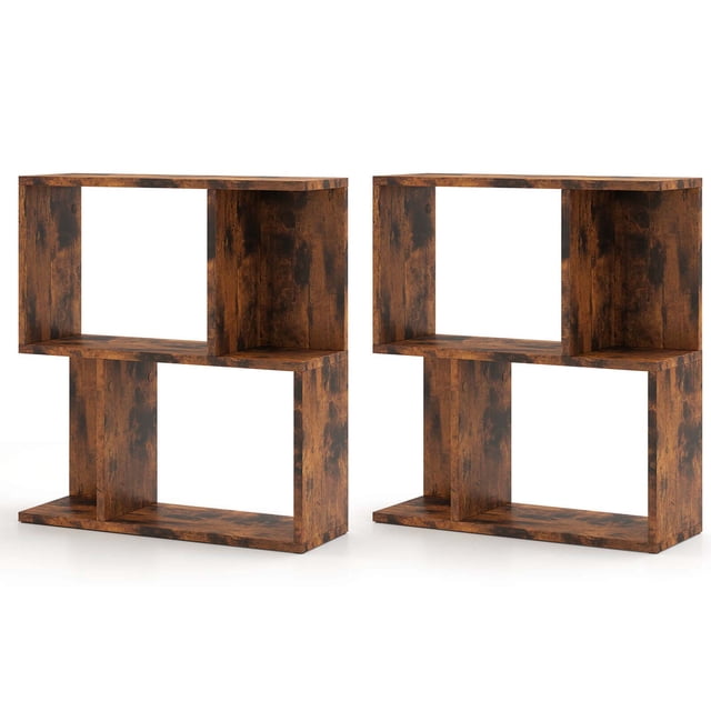 Costway 2 PCS 3-Tier Bookshelf Geometric Bookcase Side Table with Open Storage Display Shelf Brown