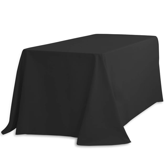LinenTablecloth Nappe Rectangulaire en Polyester 90 x 132 Pouces avec Coins Arrondis Noire Sans Coutures, Nappe Rectangulaire en Polyester une Pièce Noire, Vue Pleine Longueur à Drapé avec Coins Arrondis et Ourlet Surjeté visible; Retombée Longueur au Sol pour tables de banquet standard de 6 Pi, Résistante aux Taches et aux Plis, Lavable à la Machine selon un cycle Délicat selon les instructions d'Entretien; Utilisée Souvent comme Linge d'Événement et Convient comme Toile de Fond Temporaire Ou comme Revêtement d'Artisanat.