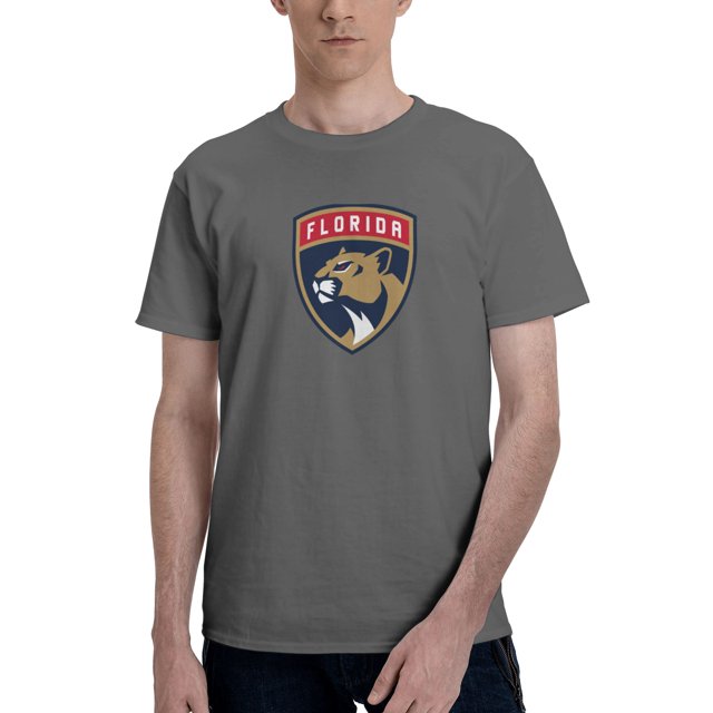 Florida Panthers T-Shirt de Base à Manches Courtes pour Hommes, Couleur Gris Chiné Foncé, Taille X-Grand. Affiche le logo des Florida Panthers de Façon Bien en Vedette sur la Poitrine, Idéal pour les Amateurs de Sport. Fait d'Un Mélange Coton-Polyester selon la Variante de Couleur. Parfait pour un Style Décontracté et Lavable à la machine.