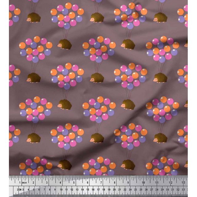 Soimoi Poly Georgette Fabric Balloon & Hedgehog Kids Print Fabric by The Yard 52 Inch Wide