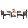 thumbnail image 3 of Costway 3PCS Patio Rattan Furniture Set Acacia Wood Table Top W/Shelf Cushioned, 3 of 10