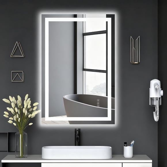Bingirl 36*24 Inch Rectangular LED Bathroom Mirror with Front & Backlight -Dimmable Anti-Fog Shatter-Proof Vanity Mirror, 3 Light Colors, Memory Function, Horizontal/Vertical Wall Mount