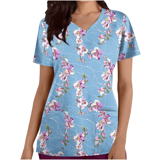 Pisexur Womens Scrub Tops Boasting Colorful Floral Prints Along With Short Sleeve Scrub Tops Suitable for Nursing Uniforms With Convenient Pockets