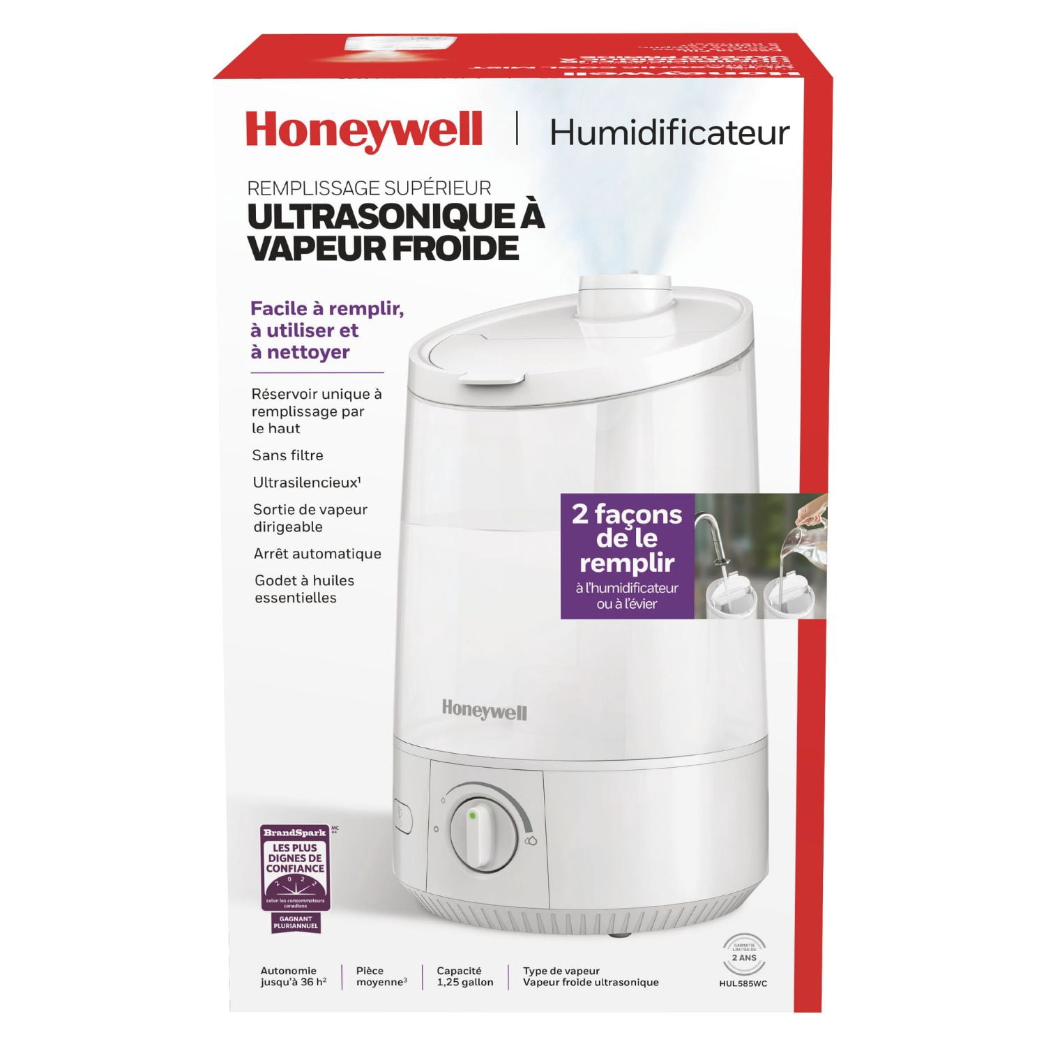 Humidificateur à vapeur froide à remplissage par le haut HUL585BC Honeywell, 4,7 litres, blanc
