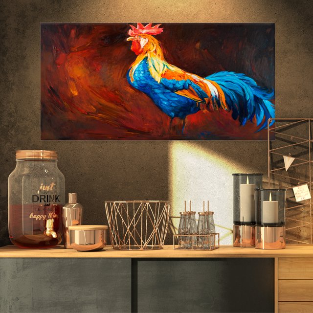 Coq Bleu et Orange - Art Animalier sur Toile