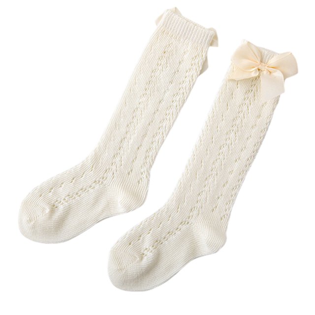 Faithtur Toddler Girls Summer Mesh Socks Solid Color Mid Tube Breathable Hollow Bows Princess Socks