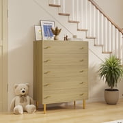 Farmhouse 5 Drawers Dresser for Bedroom, 44 in Tall White Dresser Wood Rustic Chest of Drawers with Large Drawers & Bar Handles,Natural Texture,Drawer Organizer for Living Room,Hallway and Entryway