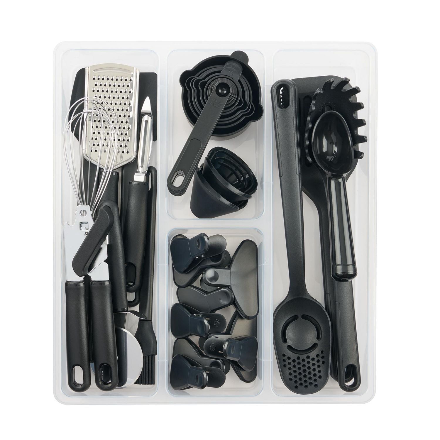 Ensemble 36 pc d'ustensiles pour cuisine Mainstays avec plateau de rangement, noir et transparent