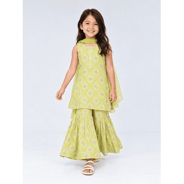 DWEEP SARA Ensemble de Costume Sharara pour Filles Perroquet Vert Lime avec Miroir Exquis et Broderie à la Main, 6-7 A(26)