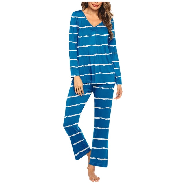 Timegard Pajamas Sets for Women 2 Piece Stripted Long Sleeve V Neck Ruched Top and Pants Fall Pjs Outfits