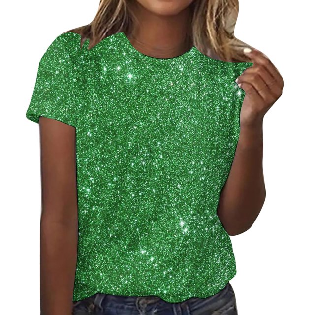 Amzcrzy Hauts pour Femmes T-Shirts Décontractés à Manches Courtes Hauts d'Été Mode Col Rond Hauts à Sequins pour Femmes Confort Polyvalent Hauts de Sortie Blouses