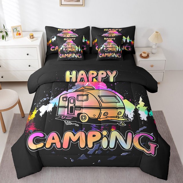 YST Happy Camping Comforter Set, 7-Piece, Colorful RV Camper, Twin Size, Bed in a Bag
