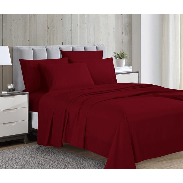 1800 Series Microfiber Sheet Set with Bonus Pillowcases in deep red on a bed with a light grey tufted headboard, featuring wrinkle-resistant, double brushed microfiber fabric and four pillowcases, set in a bedroom with light wood panel walls and neutral decor.