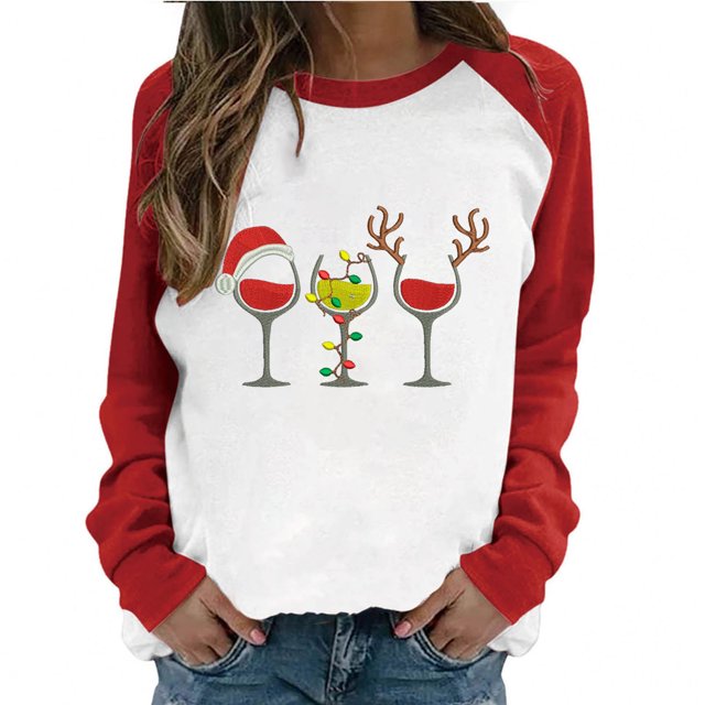 Hauts Décontractés pour Femmes Printemps Patchwork Noël Imprimé Manches Longues Col Rond Tee Décontracté Hauts de Noël pour Femmes Hauts de Printemps pour Femmes Manches Longues pour Femmes