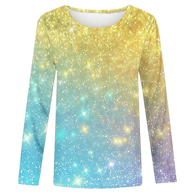 Girls Tshirts Spring Summer Long Sleeve Gradient Sequin Printed Round Neck Flash Shirt Girls Tops Yellow 2-3Years