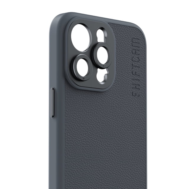 Shiftcam Camera Case for iPhone 15 Pro Max in dark grey featuring vegan leather texture and an integrated aluminum lens mount for precise camera alignment, scratch- and water-resistant, suitable for photography enthusiasts and protecting the phone during outdoor use.