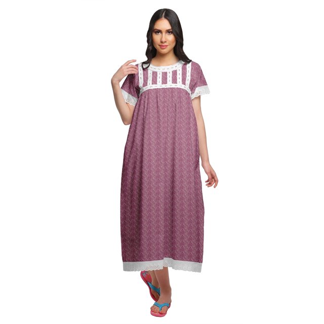 Moomaya Robe de Nuit Maxi pour Femmes en Coton Imprimé à Bordure Volantée