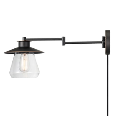 Applique murale en métal à bras pivotant de la collection Nate par Globe Electric, enfichable ou câblé, bronze huilé, abat-jour en verre transparent, cordon de 6 pieds en tissu noir, interrupteur marc