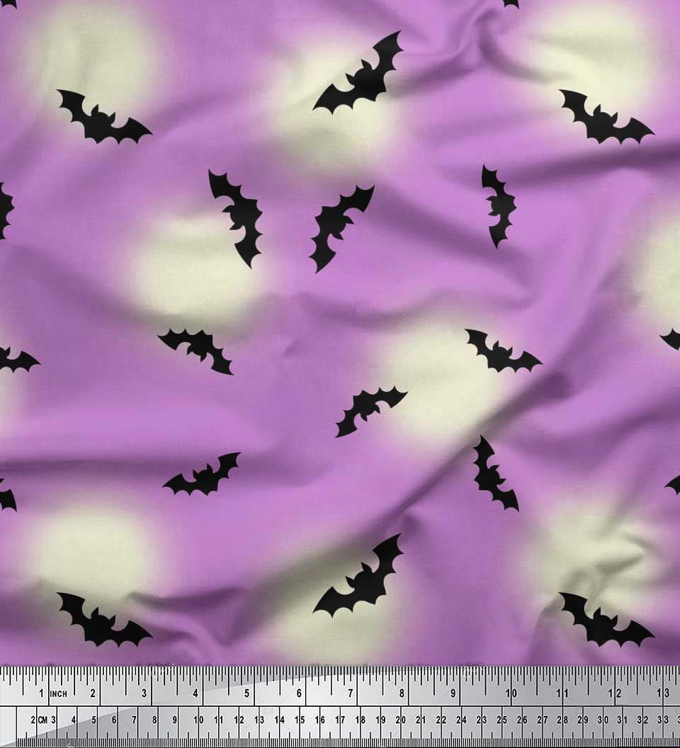Soimoi Modal Satin Fabric Moon & Bat Halloween Printed Craft Fabric by The Yard 42 Inch Wide