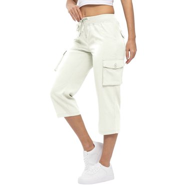 Kaemgyyd Capri Pants for Women Lightweight Elastic Waist Running Sweatpants Loose Fit Drawstring Cropped Cargo Pants with Pockets