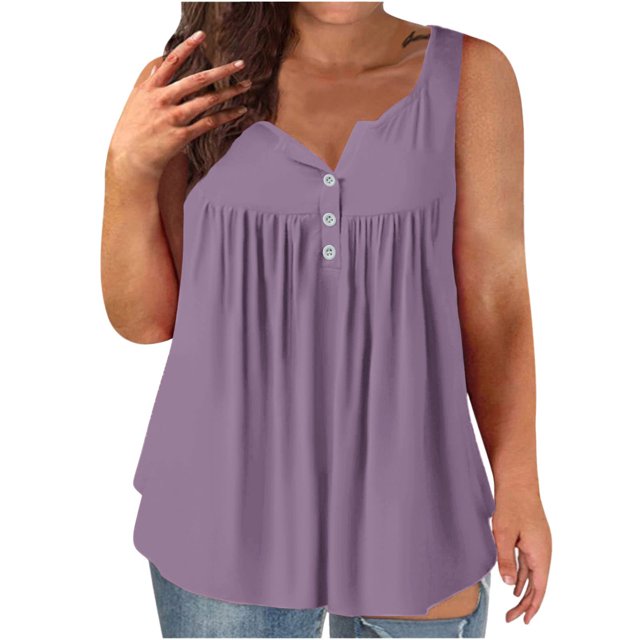 Dealovy Plus Size Tank Tops for Women Casual Sleeveless Scoop Neck Buttons Ruched Solid Color Loose Flowy Tees