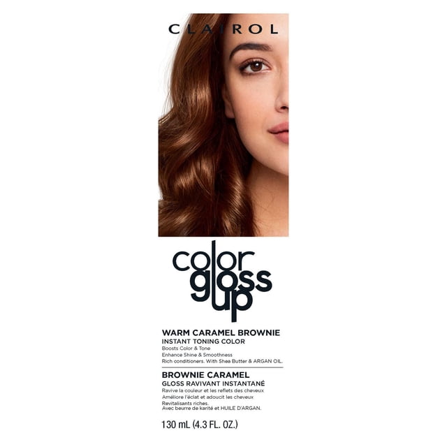 Clairol Color Gloss Up Teinture Capillaire Temporaire en Teinte Brownie Caramel Chaud Montrée avec des Cheveux Bruns Lustrés et Ondulés, Mettant en Valeur Sa Couleur Tonifiante Instantanée Qui Rehausse la Couleur et le Ton, Rehausse l'Éclat et la Douceur, et Revitalise avec du Beurre de Karité et de l'Huile d'Argan en tube de 130 ml (4.3 fl. oz.)